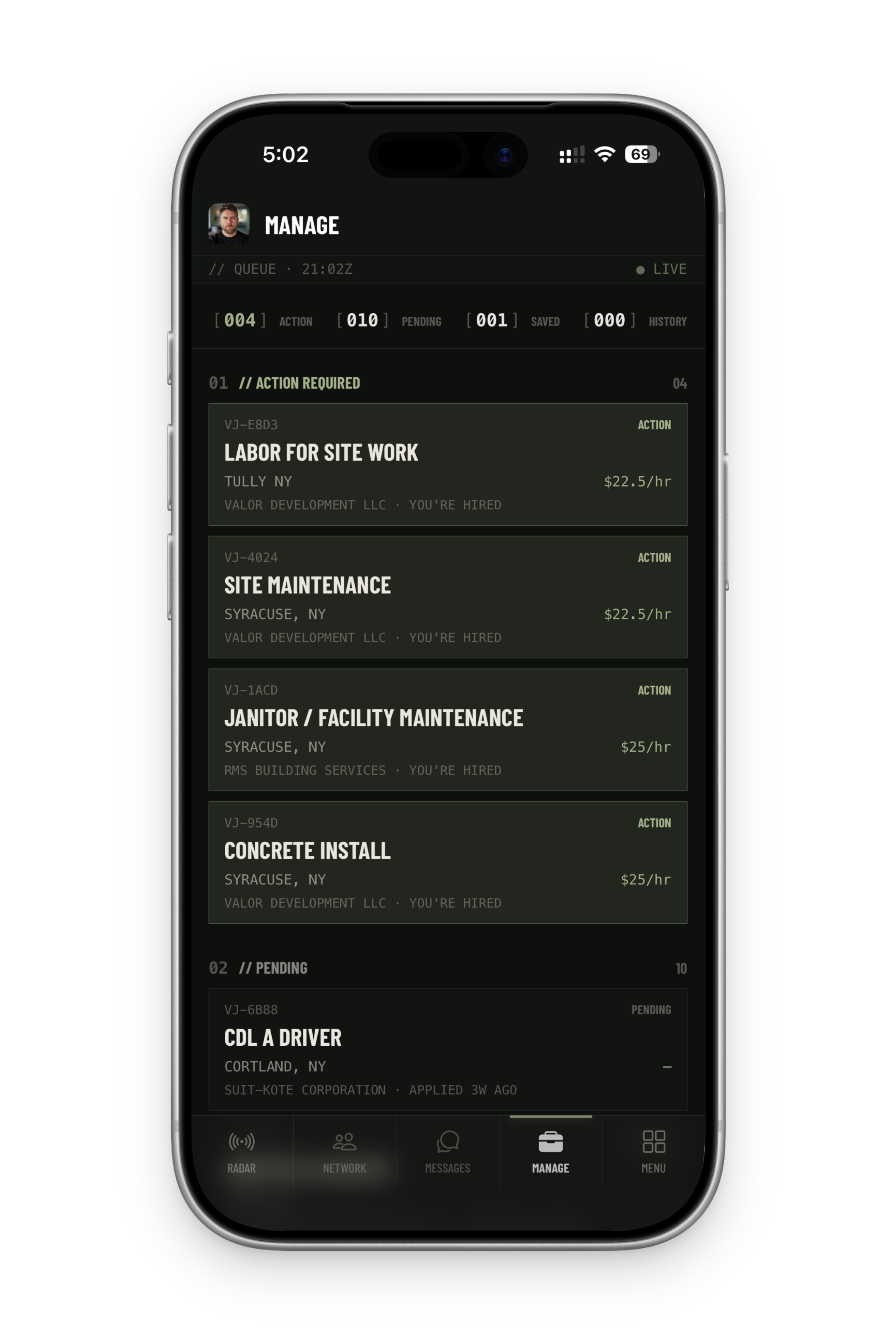 Valor Jobs app on iPhone